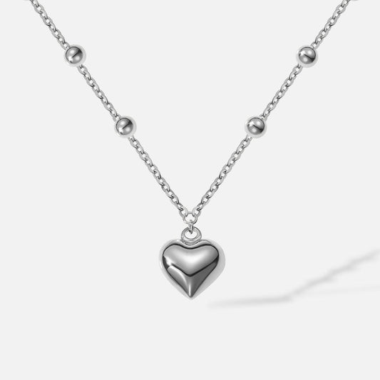 Collier Femme Argent 925 avec Cœur Lisse et Perles Espacées – Bijou Minimaliste et Romantique