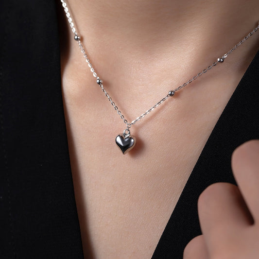 Collier Femme Argent 925 avec Cœur Lisse et Perles Espacées – Bijou Minimaliste et Romantique
