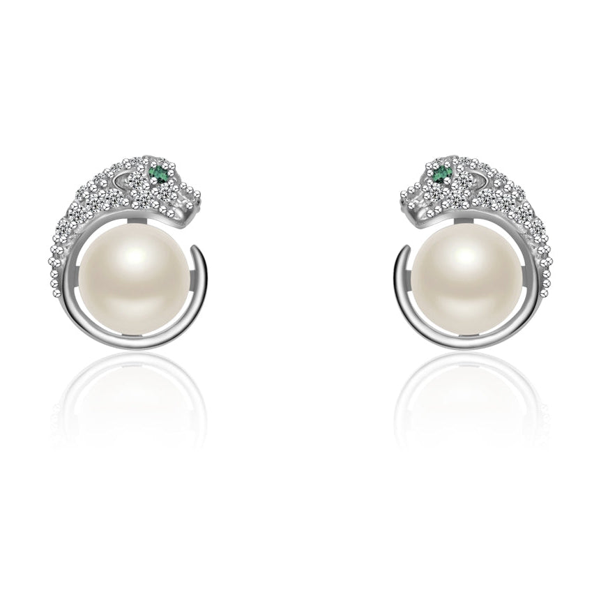 Boucles d’Oreilles Panthère Argent 925 & Perle – Élégance Féline et Zirconium Étincelant