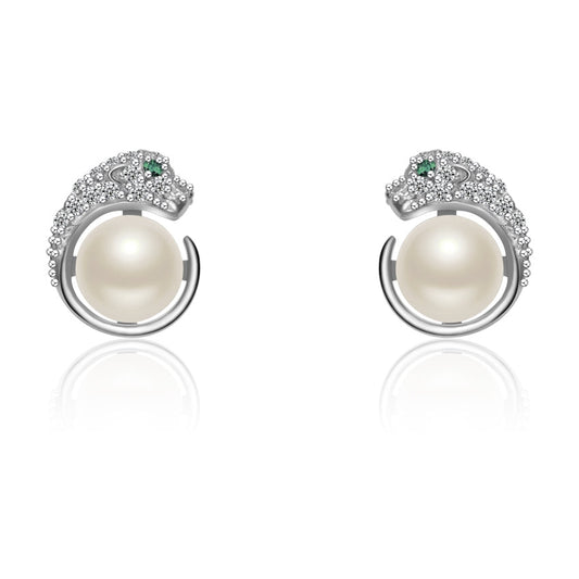Boucles d’Oreilles Panthère Argent 925 & Perle – Élégance Féline et Zirconium Étincelant