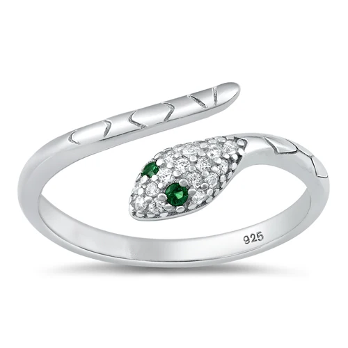 Bague serpent en argent 925 rhodié – Regard émeraude et éclat pavé de zirconiums