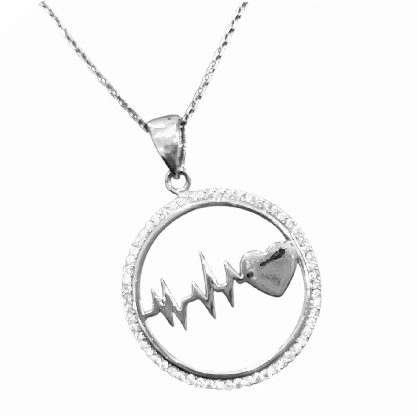 Pendentif battement de cœur en argent 925 rhodié – Cercle zirconiums et symbole de vie