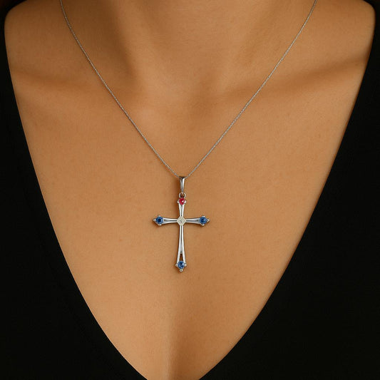 Pendentif Croix Argent 925 & Pierres Colorées – Un Symbole Spirituel Plein de Couleur