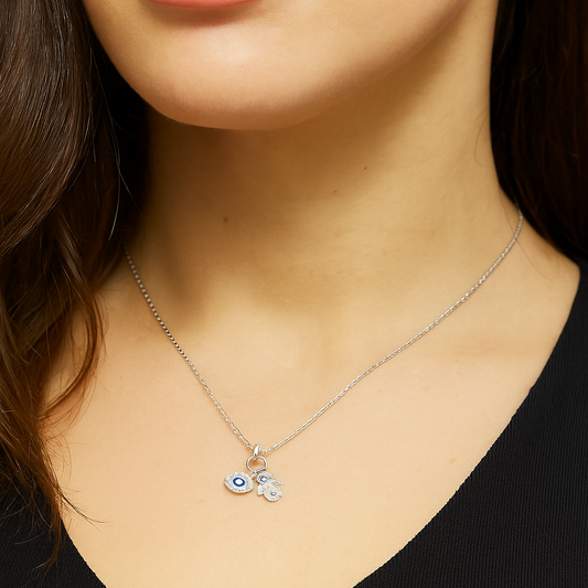 Pendentif Œil Protecteur et Main de Fatma en Argent 925 Rhodié – Bijou Porte-Bonheur Étincelant