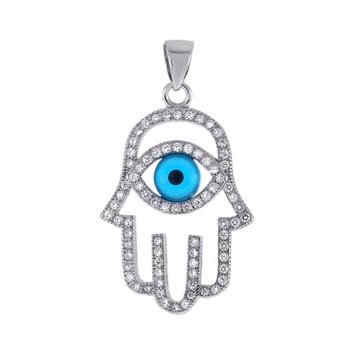 Pendentif Main de Fatma et Œil Protecteur en Argent 925 Rhodié – Bijou Porte-Bonheur Étincelant
