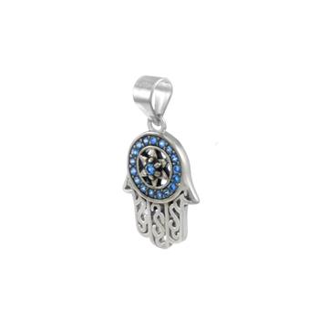 Pendentif Main de Fatma Bleue en Argent 925 Rhodié – Bijou Porte-Bonheur Spirituel et Élégant