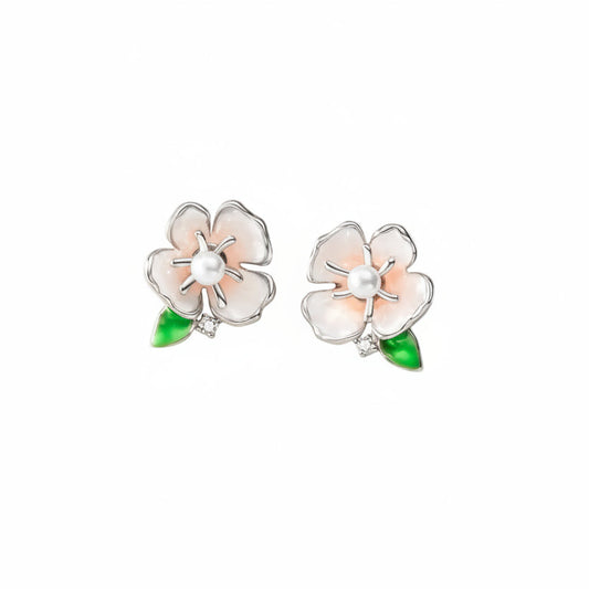 Boucles d’oreilles fleur en argent 925 rhodié – Perle & détails verts