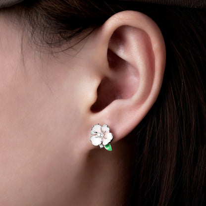 Boucles d’oreilles fleur en argent 925 rhodié – Perle & détails verts