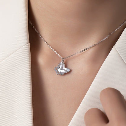 Collier papillon en argent 925 – Double pendentif en nacre et zirconium scintillants