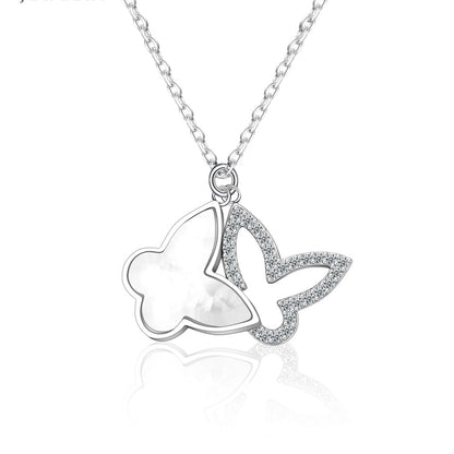 Collier papillon en argent 925 – Double pendentif en nacre et zirconium scintillants