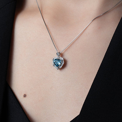Collier Femme en Argent 925 avec Pierre Bleue Cœur et Design Floral – Bijou Romantique et Raffiné