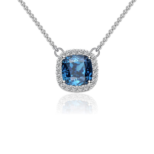 Collier Femme Argent 925 avec Pierre Bleue Coussin et Halo Zircons – Bijou Élégant et Brillant