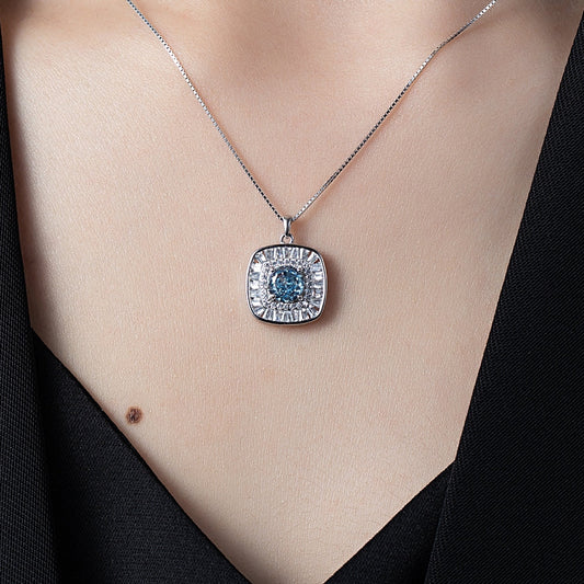 Collier Femme Argent 925 avec Pierre Bleue et Double Halo Zircons – Bijou Prestige et Éclat