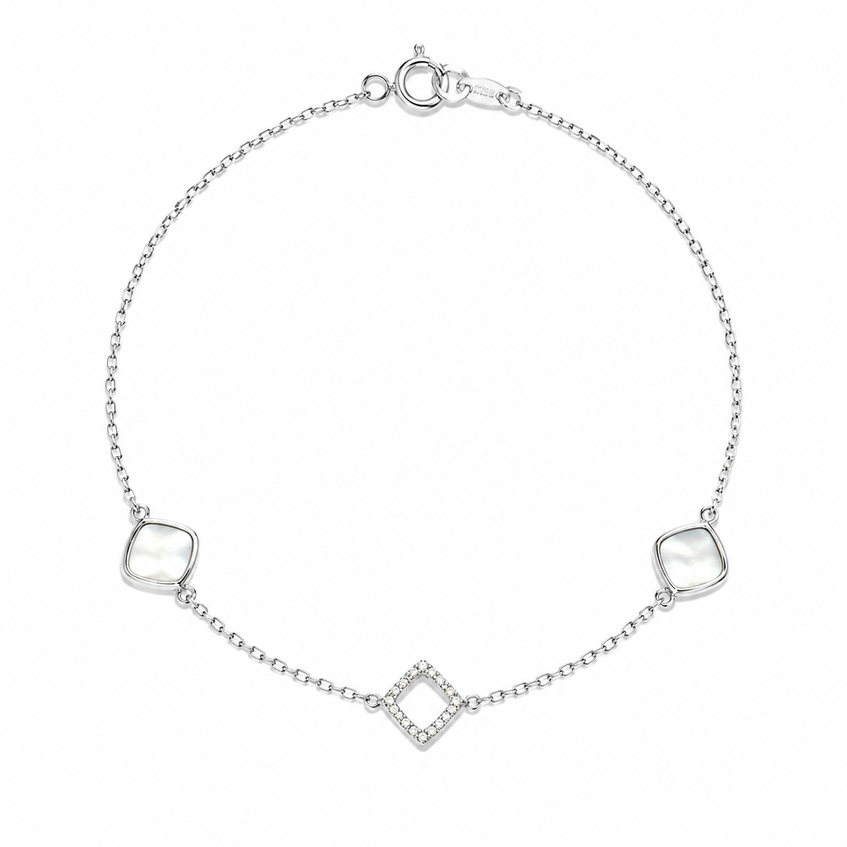 Bracelet femme en argent 925 rhodié avec nacre blanche et losange serti de zirconiums – Jessilver
