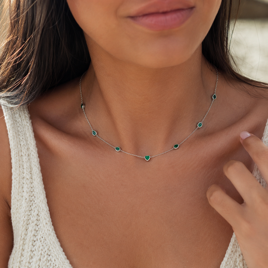 Collier Pierres Vertes Formes Cœur & Ovale Argent 925 Rhodié – Collier Femme Fin