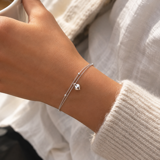 Bracelet Double Chaîne Argent 925 Rhodié avec Cœur – Bijou Femme Élégant