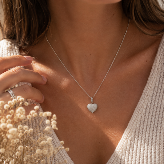 Pendentif Cœur Argent 925 Rhodié Pavé de Zircons Blancs – Collier Femme Élégant