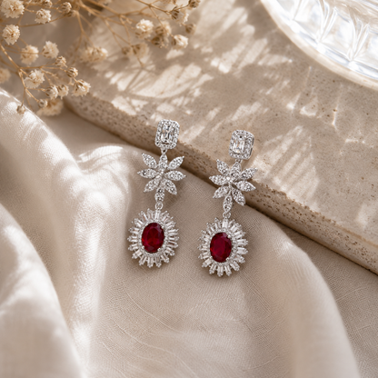 Boucles d’oreilles pierre rouge en argent 925 rhodié & zircons blancs – Motif floral