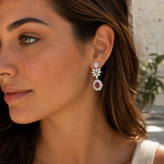 Boucles d’oreilles pierre rouge en argent 925 rhodié & zircons blancs – Motif floral