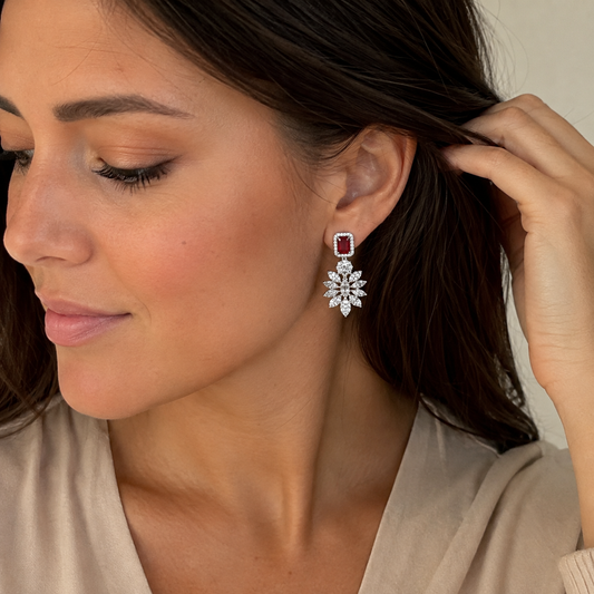 Boucles d’oreilles pierre rouge en argent 925 rhodié & zircons blancs