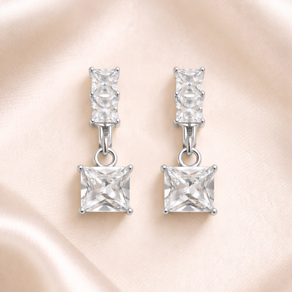 Boucles d’oreilles pendantes carrées en argent 925 rhodié – Zircon brillant femme