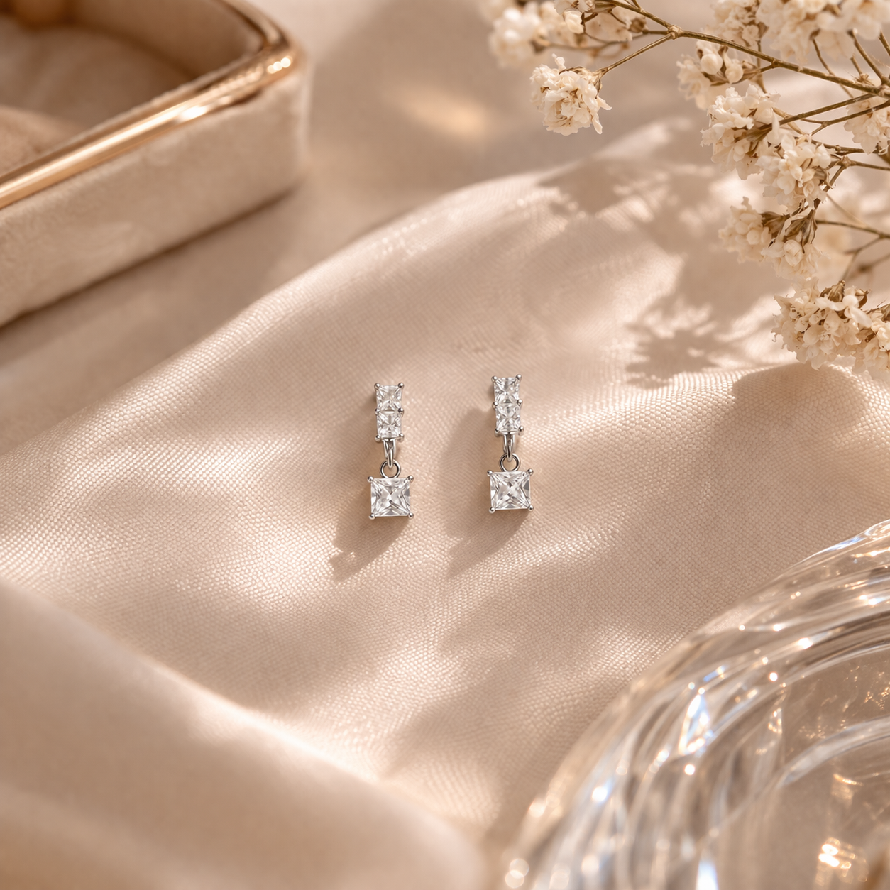 Boucles d’oreilles pendantes carrées en argent 925 rhodié – Zircon brillant femme