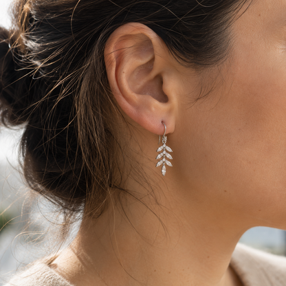 Boucles d’oreilles pendantes Feuilles en argent 925 rhodié & zircons blancs
