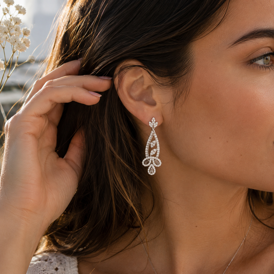 Boucles d’oreilles longues Feuilles en argent 925 rhodié & zircons blancs