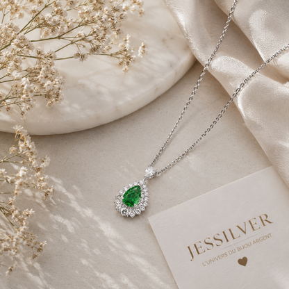 Collier pendentif poire argent 925 rhodié pierre verte – Halo joaillerie éclat diamant