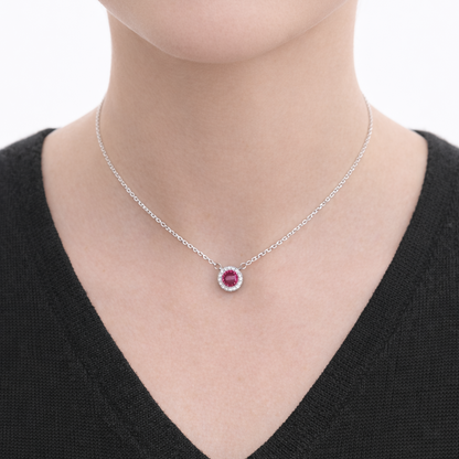 Collier pendentif rond rouge halo – Argent 925 rhodié