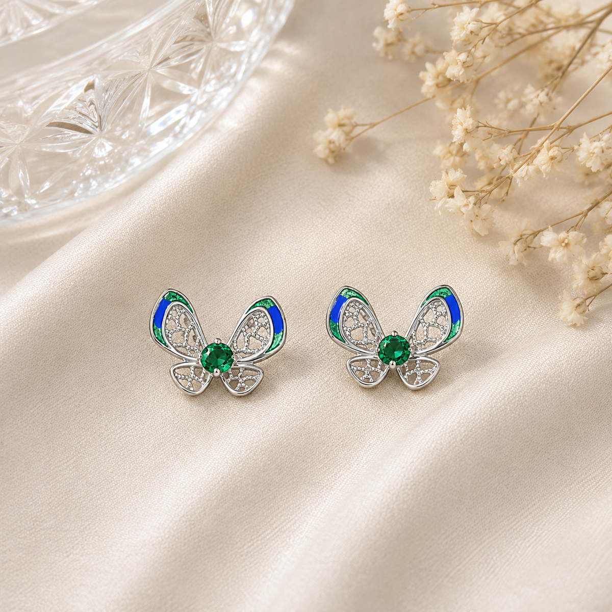 Boucles d’oreilles papillon pierres vertes et bleues – Argent 925 rhodié
