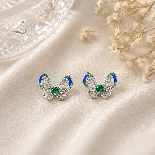 Boucles d’oreilles papillon pierres vertes et bleues – Argent 925 rhodié