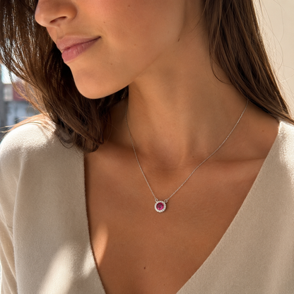 Collier pendentif rond rouge halo – Argent 925 rhodié