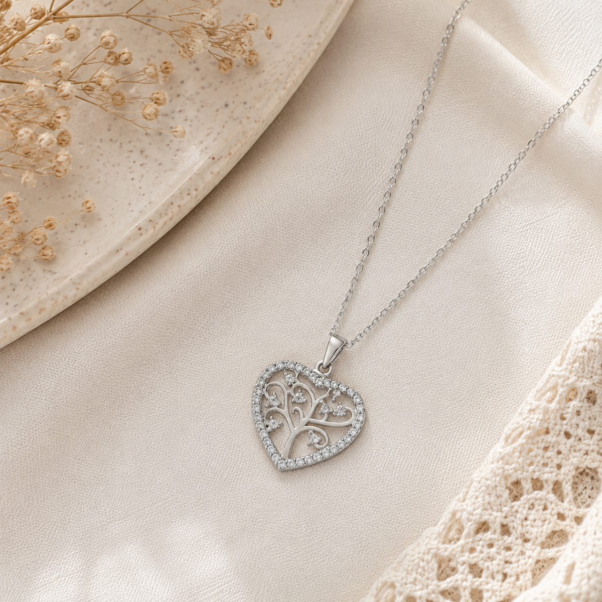 Pendentif Arbre de Vie Cœur en Argent 925 Rhodié – Amour, Protection & Éclat