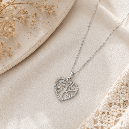 Pendentif Arbre de Vie Cœur en Argent 925 Rhodié – Amour, Protection & Éclat