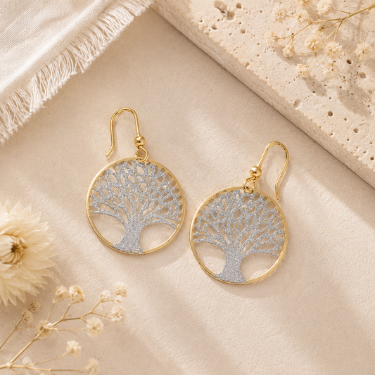 Boucles d’Oreilles Arbre de Vie Plaqué Or – Grand Modèle Argent Scintillant – Élégance & Symbolique