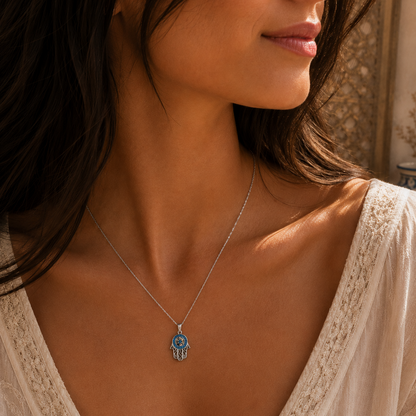 Pendentif Main de Fatma Bleue en Argent 925 Rhodié – Bijou Porte-Bonheur Spirituel et Élégant