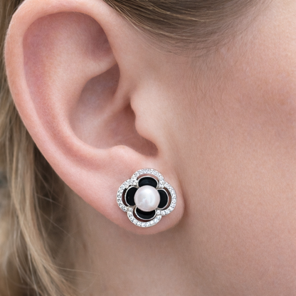 Boucles d’oreilles fleur perle noire & blanche – Argent 925 rhodié