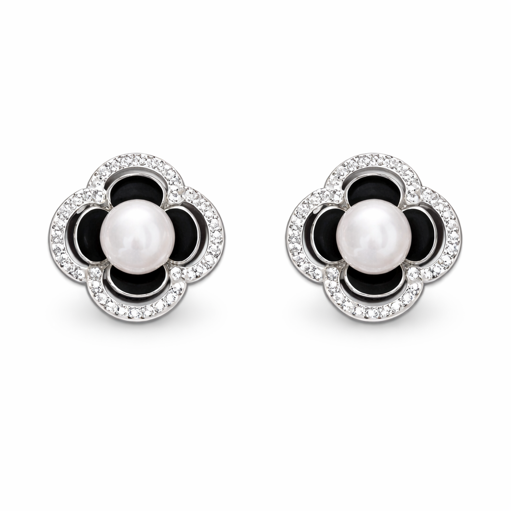 Boucles d’oreilles fleur perle noire & blanche – Argent 925 rhodié