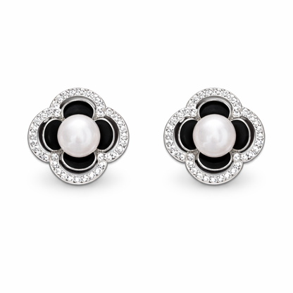 Boucles d’oreilles fleur perle noire & blanche – Argent 925 rhodié