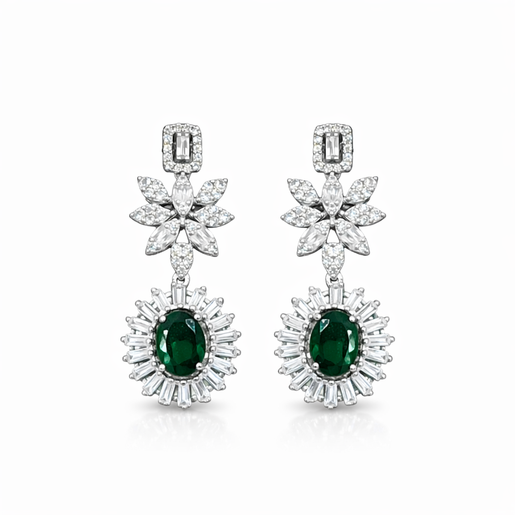Boucles d’oreilles pendantes fleur & pierre verte – Argent 925 rhodié