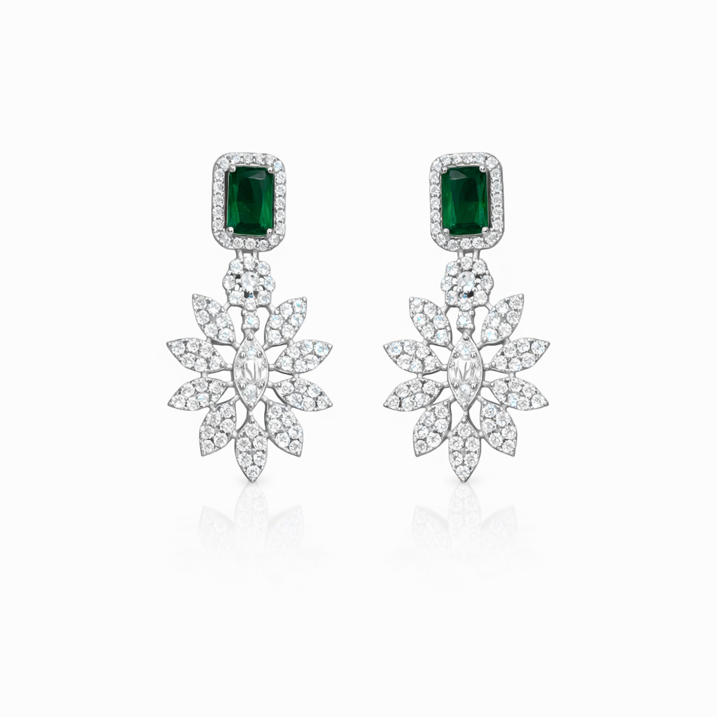Boucles d’oreilles pendantes argent 925 rhodié pierre verte – Style floral éclatant