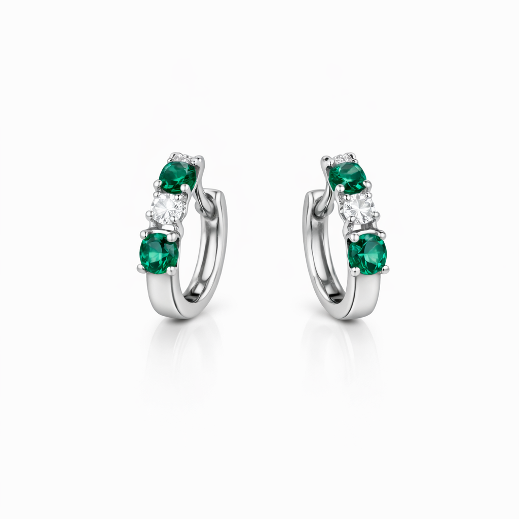 Boucles d’oreilles créoles argent 925 rhodié pierres vertes – Élégance raffinée et éclat émeraude