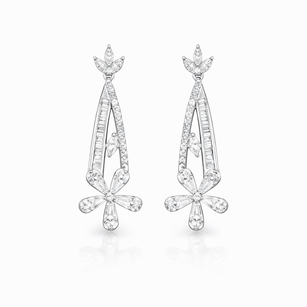Boucles d’oreilles pendantes argent 925 rhodié pierres blanches – Élégance couture & éclat lumineux