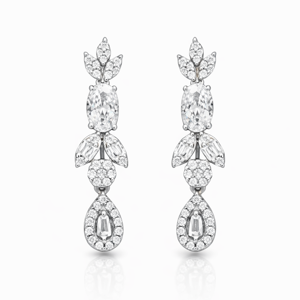 Boucles d’oreilles pendantes argent 925 rhodié pierres blanches – Élégance lumineuse & style joaillerie