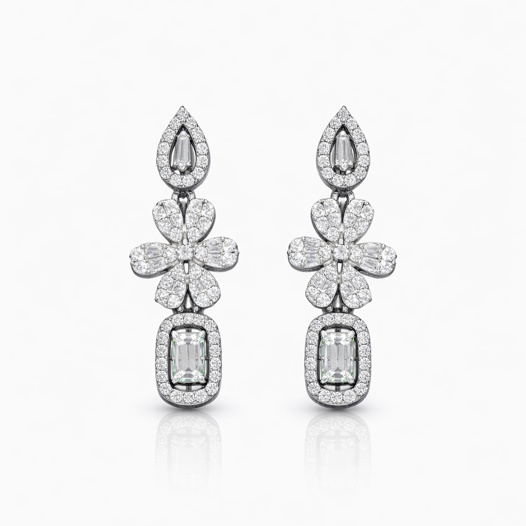 Boucles d’oreilles pendantes fleurs argent 925 rhodié pierres blanches – Style joaillerie & élégance intemporelle