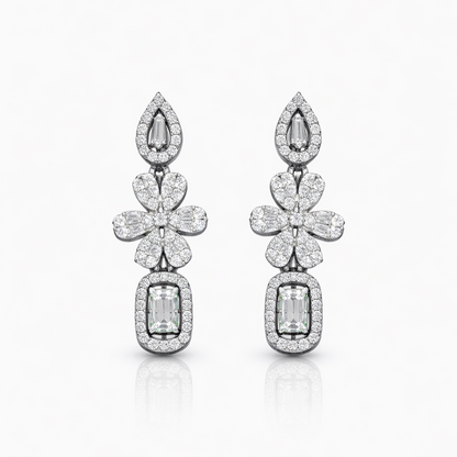 Boucles d’oreilles pendantes fleurs argent 925 rhodié pierres blanches – Style joaillerie & élégance intemporelle