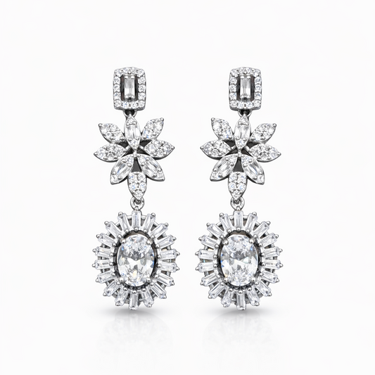 Boucles d’oreilles pendantes joaillerie argent 925 rhodié – Fleurs & pierres blanches scintillantes