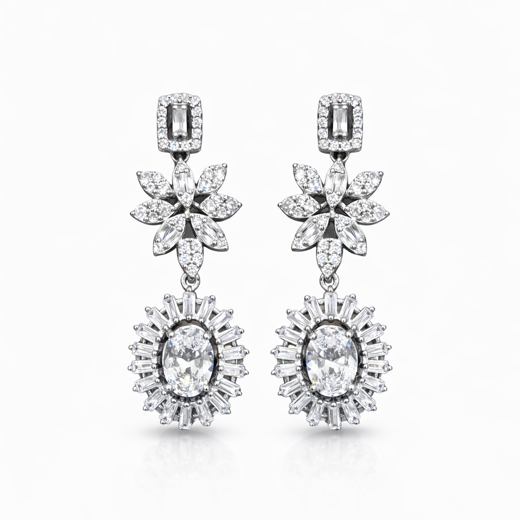 Boucles d’oreilles pendantes joaillerie argent 925 rhodié – Fleurs & pierres blanches scintillantes