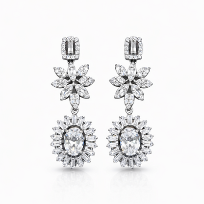 Boucles d’oreilles pendantes joaillerie argent 925 rhodié – Fleurs & pierres blanches scintillantes